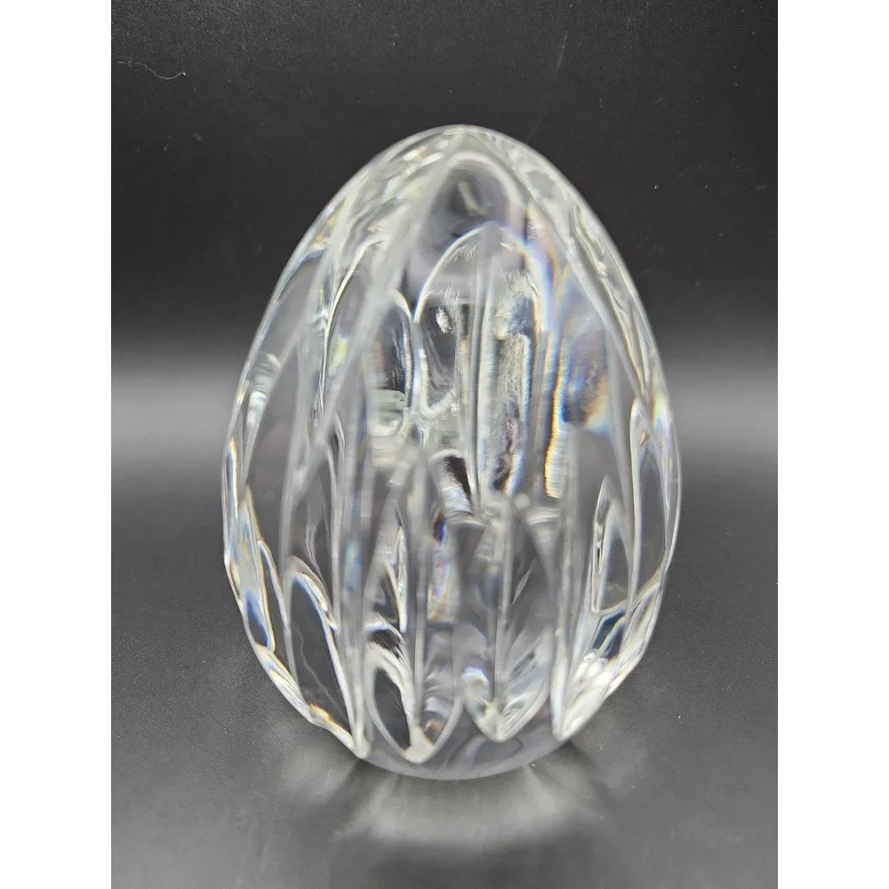 Vintage Cut Lead Crystal Egg Paperweight Vertical Ribbed Starburst Base 4.5
